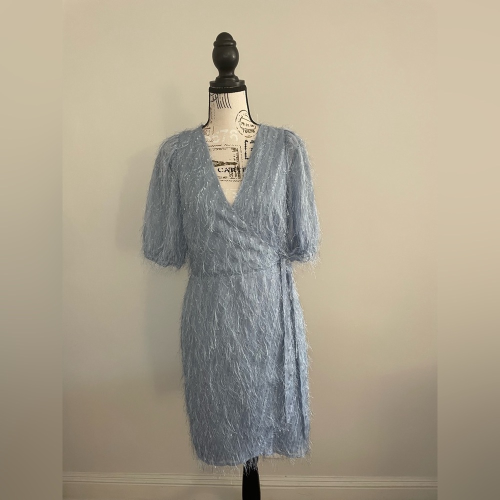 Bloomingdale’s blue feather wrap dress